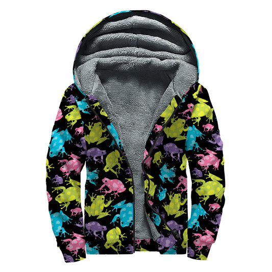 Colorful Frog Pattern Print Sherpa Lined Zip Up Hoodie