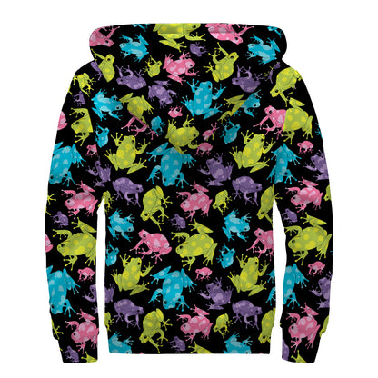 Colorful Frog Pattern Print Sherpa Lined Zip Up Hoodie