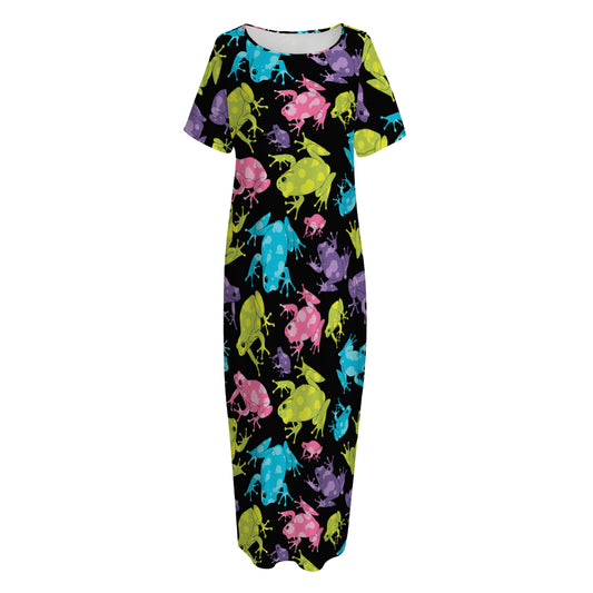 Colorful Frog Pattern Print Short Sleeve Long Nightdress