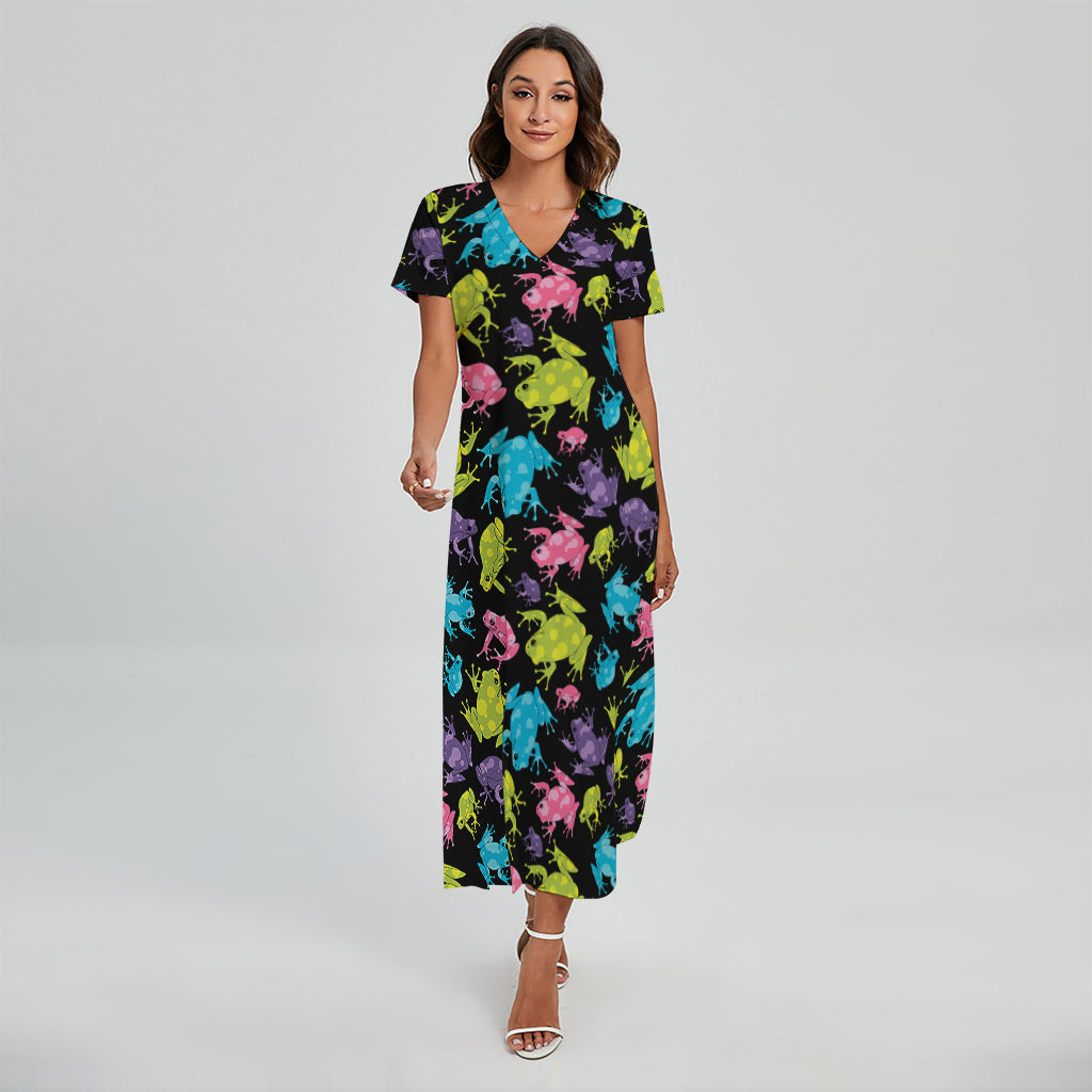 Colorful Frog Pattern Print Short Sleeve Maxi Dress