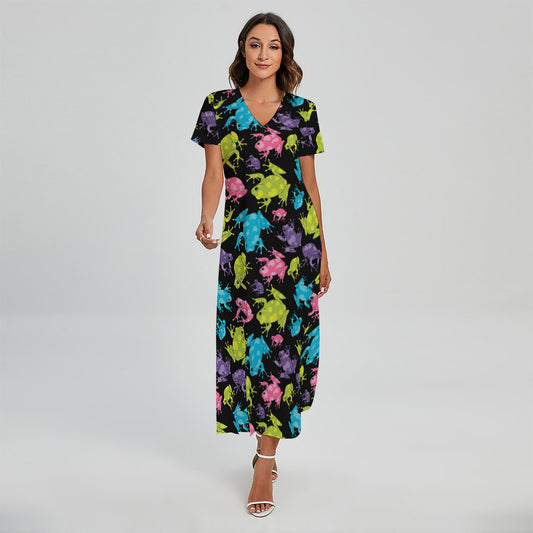 Colorful Frog Pattern Print Short Sleeve Maxi Dress