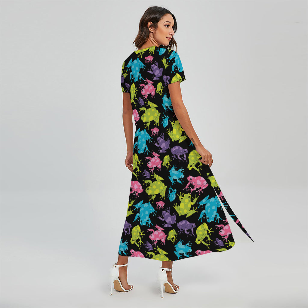 Colorful Frog Pattern Print Short Sleeve Maxi Dress