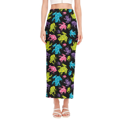 Colorful Frog Pattern Print Side Slit Maxi Skirt