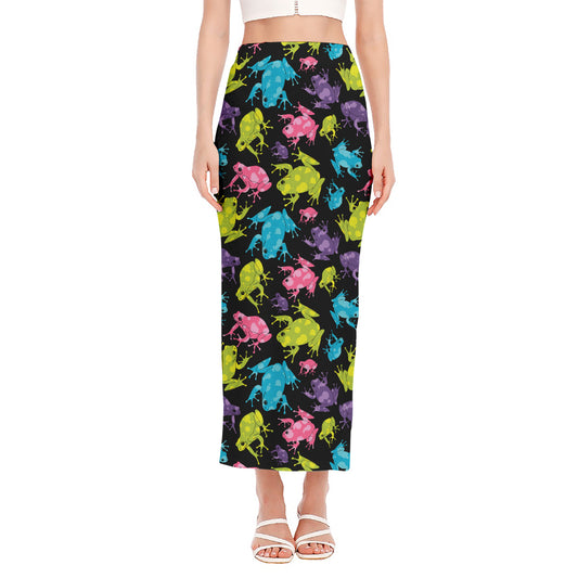 Colorful Frog Pattern Print Side Slit Maxi Skirt