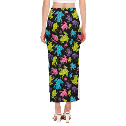Colorful Frog Pattern Print Side Slit Maxi Skirt