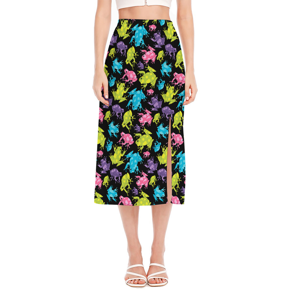 Colorful Frog Pattern Print Side Slit Midi Skirt