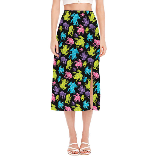 Colorful Frog Pattern Print Side Slit Midi Skirt