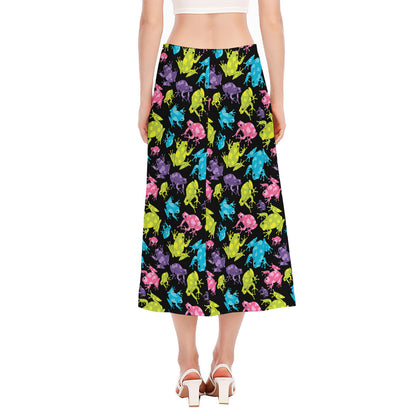Colorful Frog Pattern Print Side Slit Midi Skirt