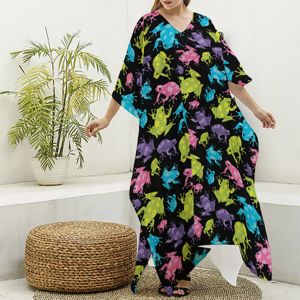Colorful Frog Pattern Print Silk V-Neck Kaftan Dress