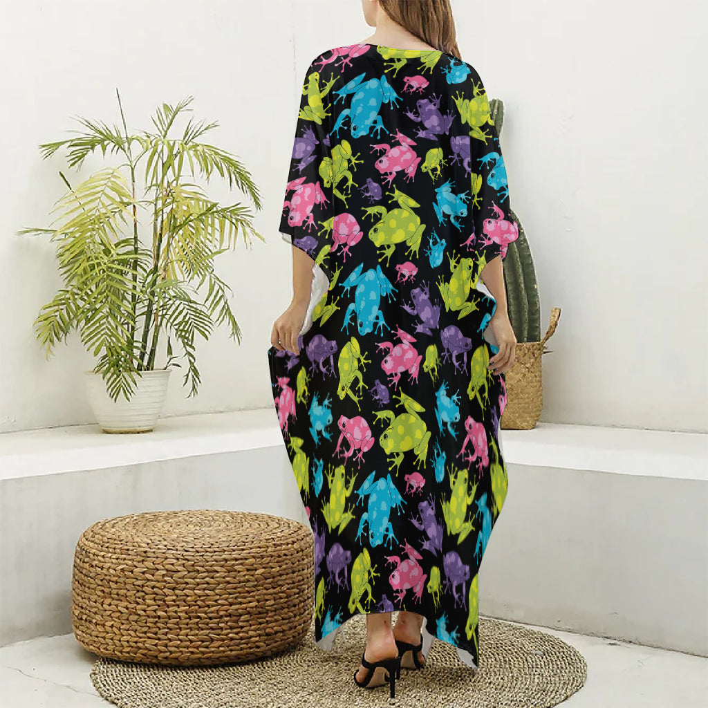 Colorful Frog Pattern Print Silk V-Neck Kaftan Dress