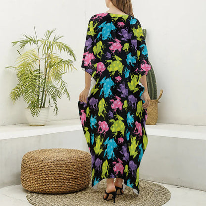 Colorful Frog Pattern Print Silk V-Neck Kaftan Dress