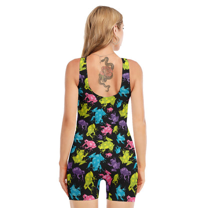 Colorful Frog Pattern Print Sleeveless One Piece Swimsuit