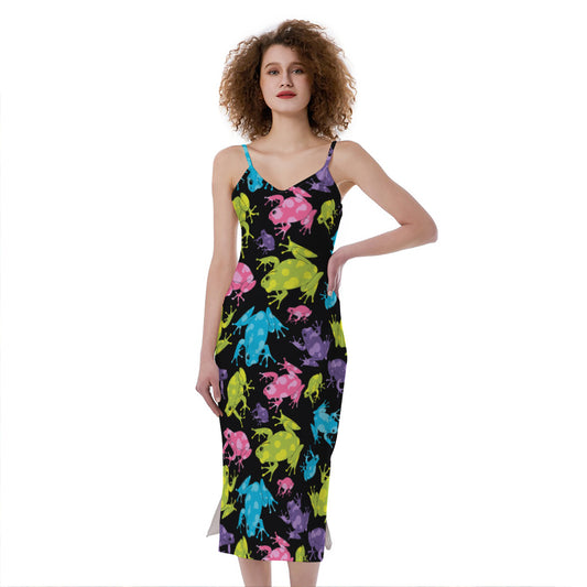 Colorful Frog Pattern Print Slim Fit Midi Cami Dress