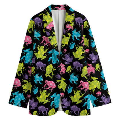Colorful Frog Pattern Print Women's Cotton Blazer