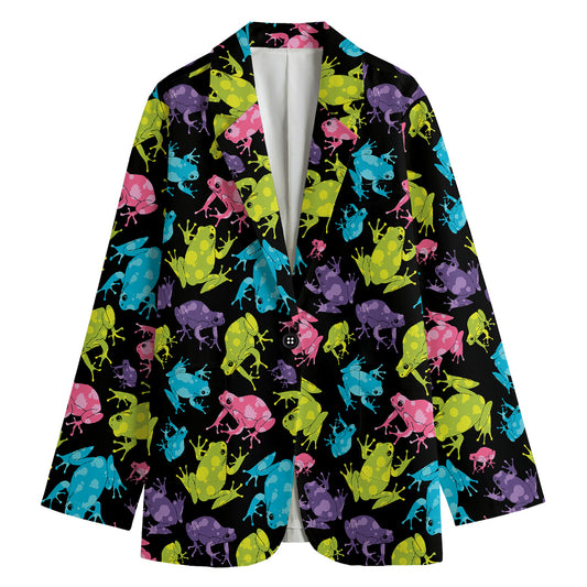 Colorful Frog Pattern Print Women's Cotton Blazer