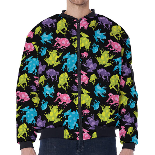 Colorful Frog Pattern Print Zip Sleeve Bomber Jacket