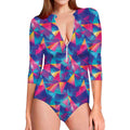 Colorful Geometric Mosaic Print Long Sleeve Swimsuit