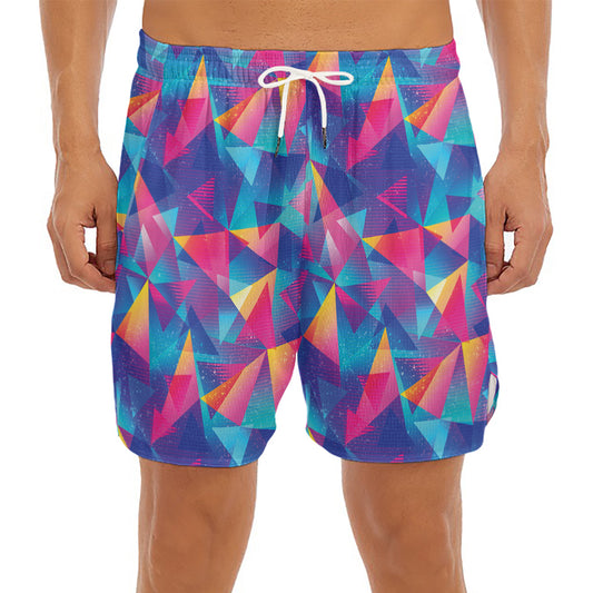 Colorful Geometric Mosaic Print Men's Split Running Shorts