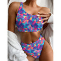 Colorful Geometric Mosaic Print One Shoulder Bikini Set