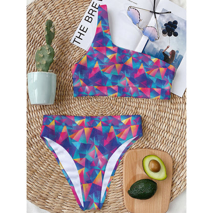 Colorful Geometric Mosaic Print One Shoulder Bikini Top