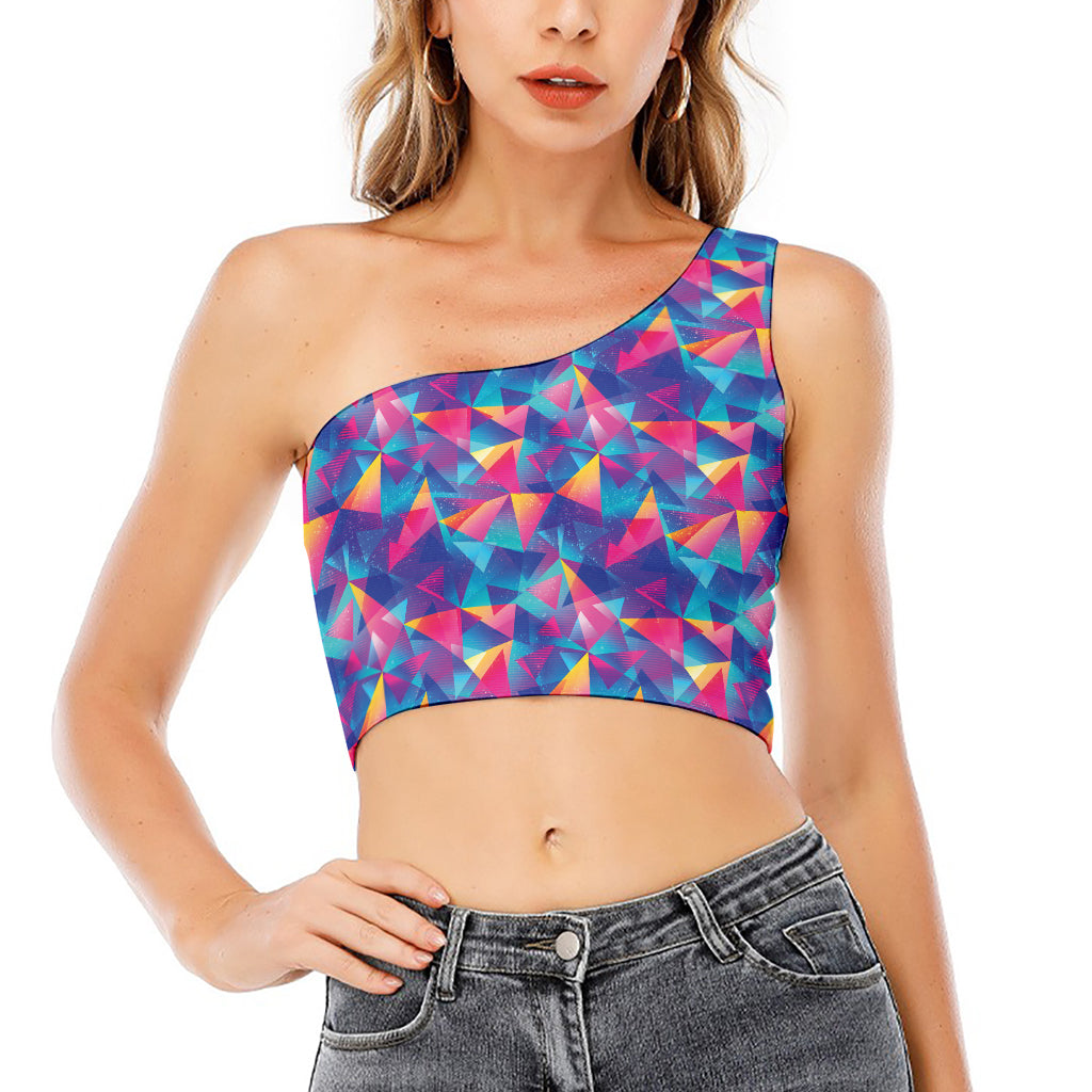 Colorful Geometric Mosaic Print One Shoulder Crop Top