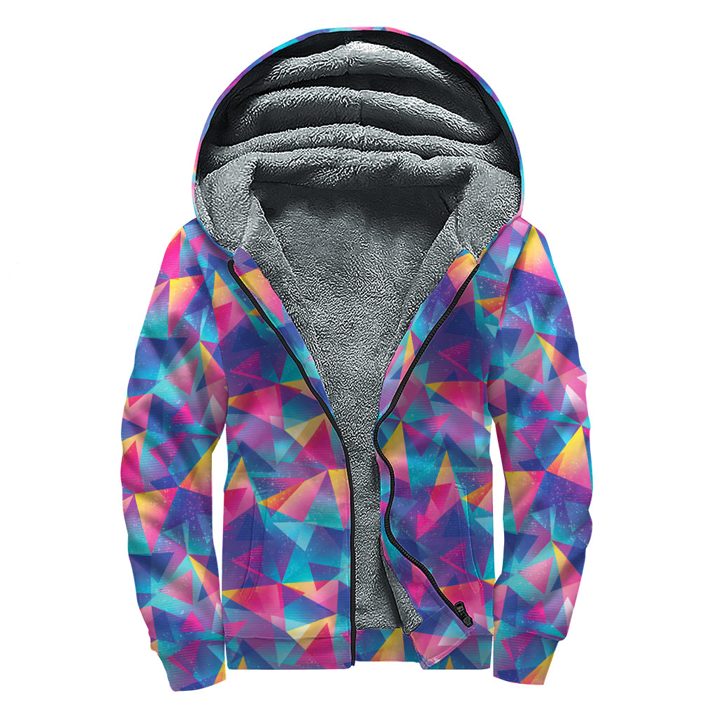 Colorful Geometric Mosaic Print Sherpa Lined Zip Up Hoodie