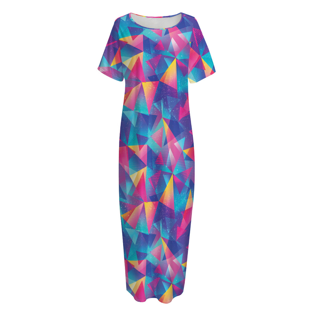 Colorful Geometric Mosaic Print Short Sleeve Long Nightdress