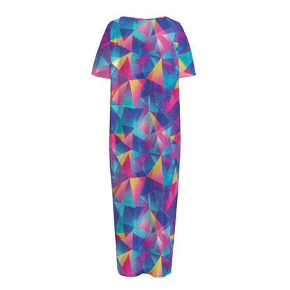 Colorful Geometric Mosaic Print Short Sleeve Long Nightdress