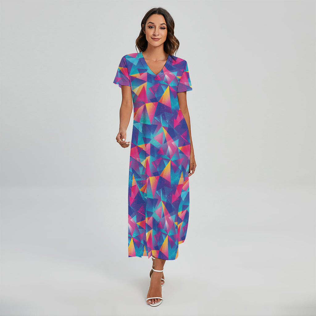 Colorful Geometric Mosaic Print Short Sleeve Maxi Dress