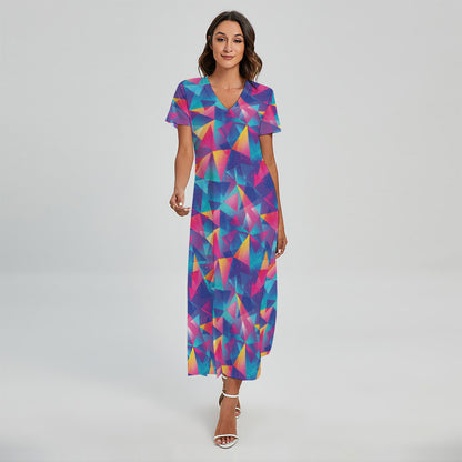 Colorful Geometric Mosaic Print Short Sleeve Maxi Dress