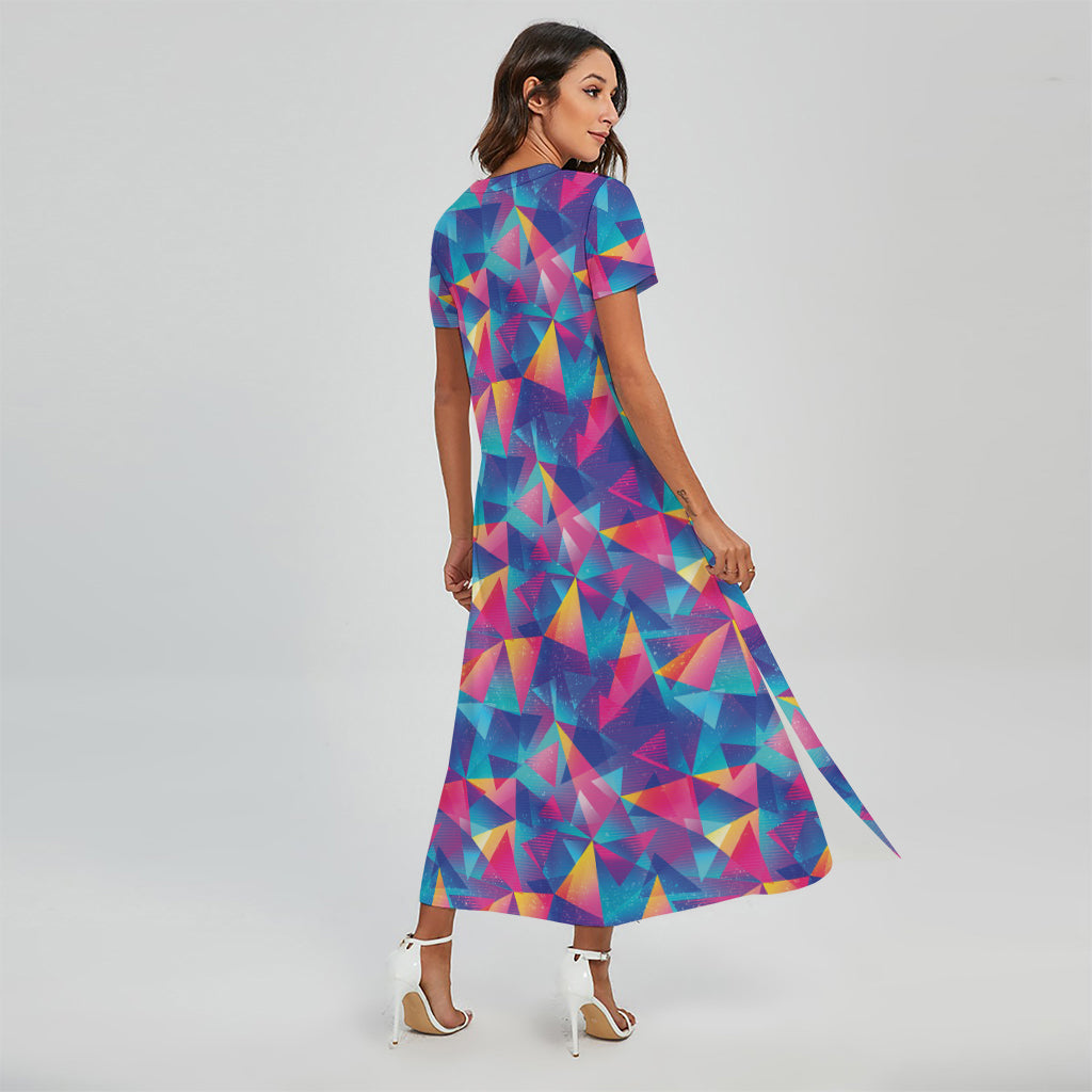 Colorful Geometric Mosaic Print Short Sleeve Maxi Dress