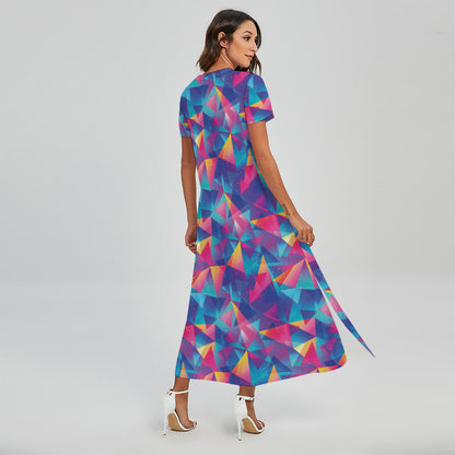Colorful Geometric Mosaic Print Short Sleeve Maxi Dress