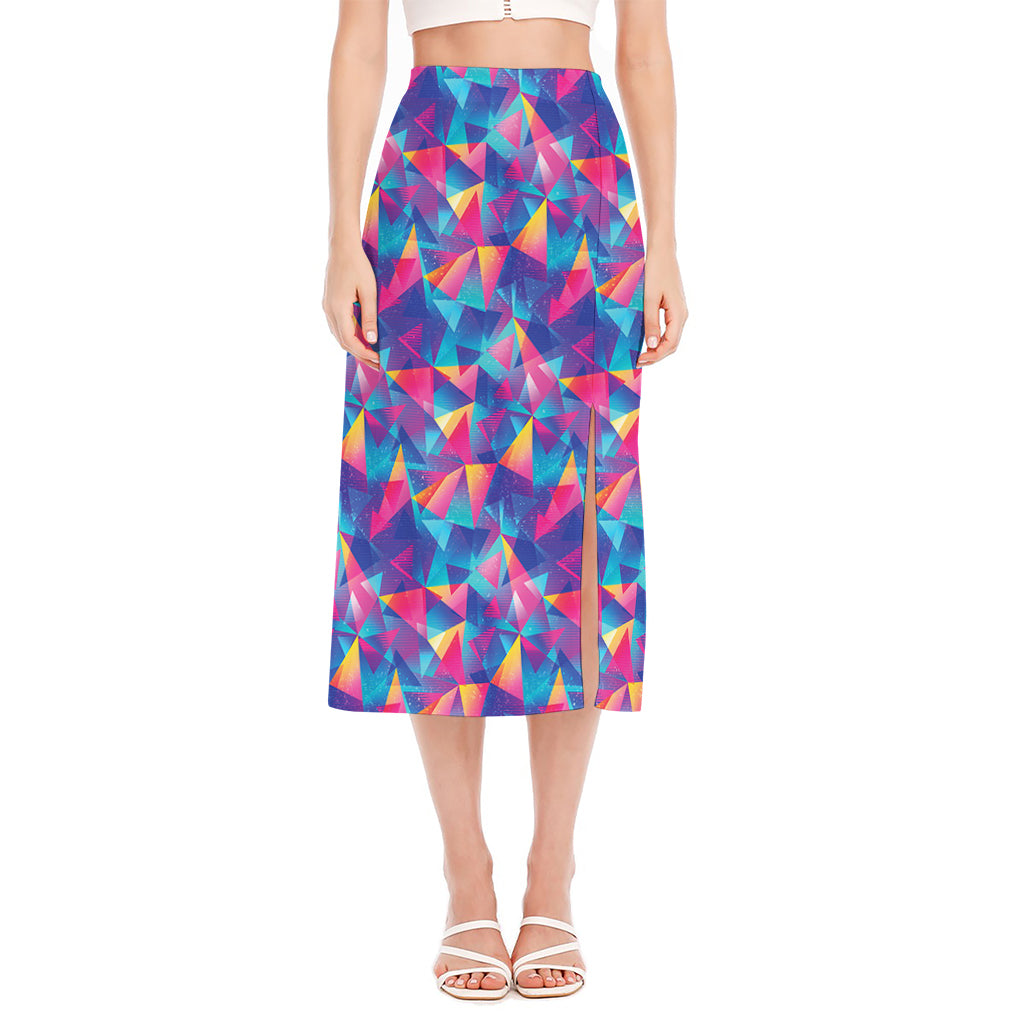 Colorful Geometric Mosaic Print Side Slit Midi Skirt
