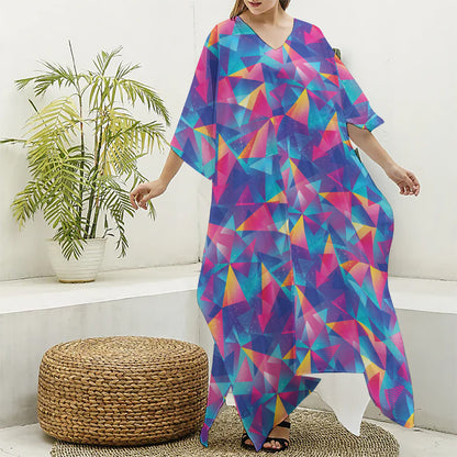 Colorful Geometric Mosaic Print Silk V-Neck Kaftan Dress