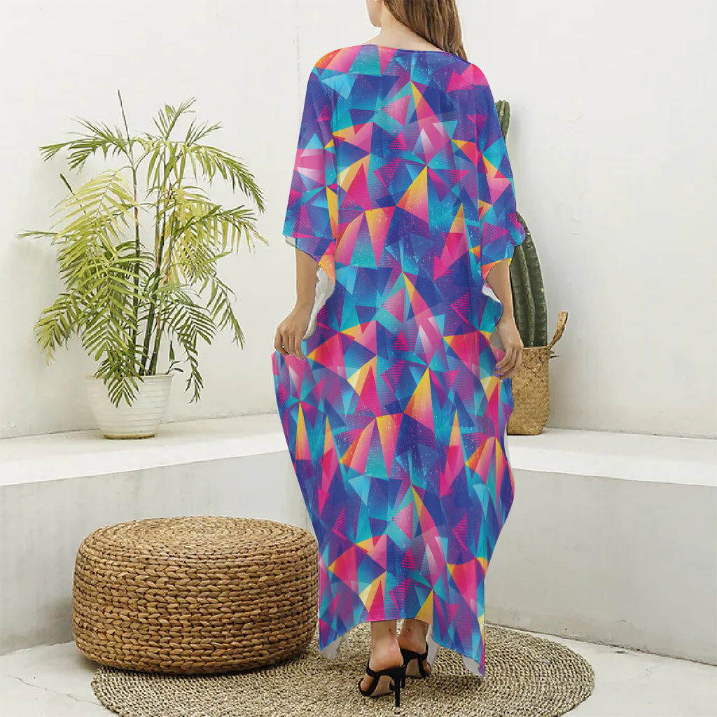 Colorful Geometric Mosaic Print Silk V-Neck Kaftan Dress