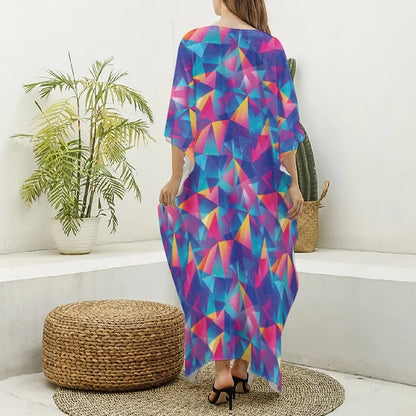 Colorful Geometric Mosaic Print Silk V-Neck Kaftan Dress