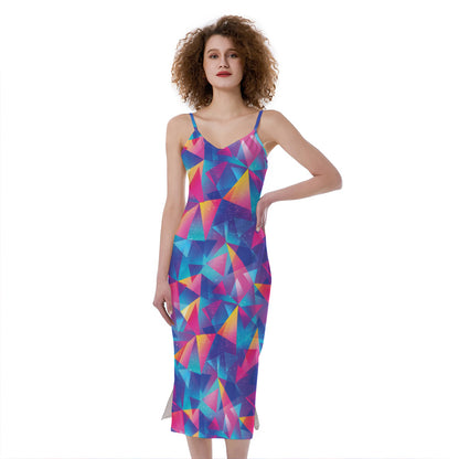Colorful Geometric Mosaic Print Slim Fit Midi Cami Dress