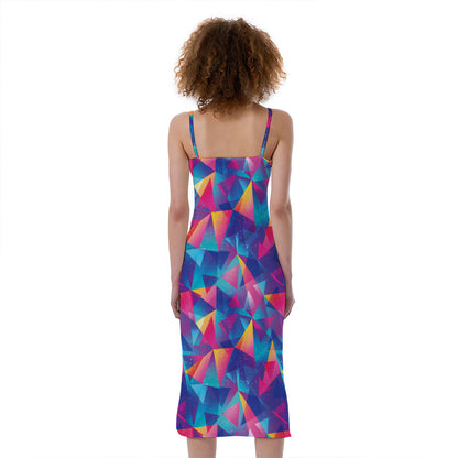 Colorful Geometric Mosaic Print Slim Fit Midi Cami Dress
