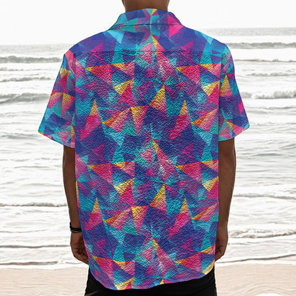 Colorful Geometric Mosaic Print Textured Short Sleeve Shirt