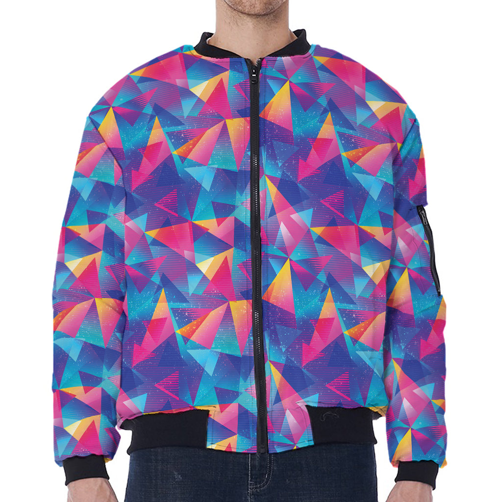 Colorful Geometric Mosaic Print Zip Sleeve Bomber Jacket