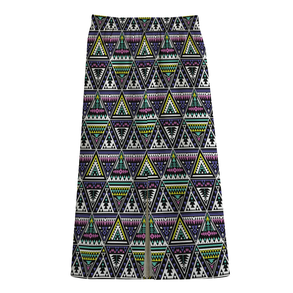Colorful Geometric Native Navajo Print Cotton Front Slit Maxi Skirt