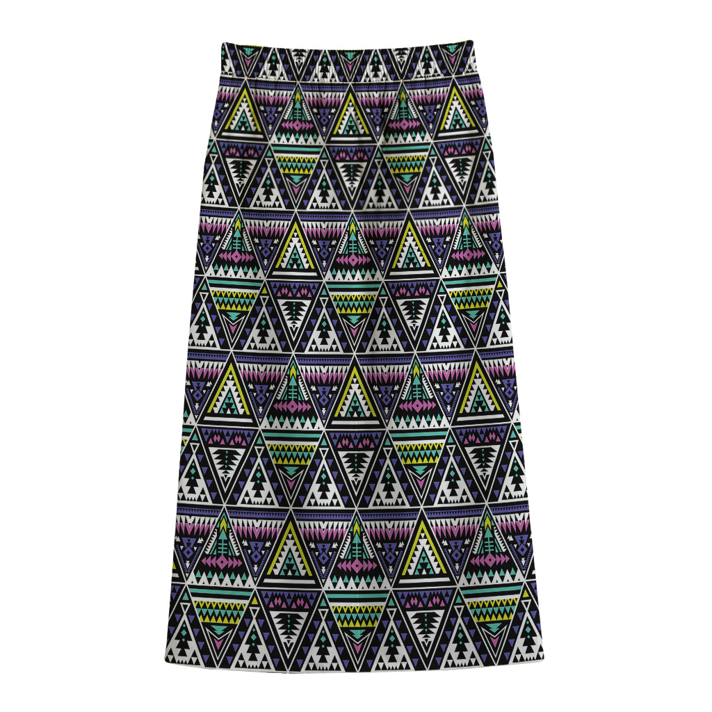 Colorful Geometric Native Navajo Print Cotton Front Slit Maxi Skirt