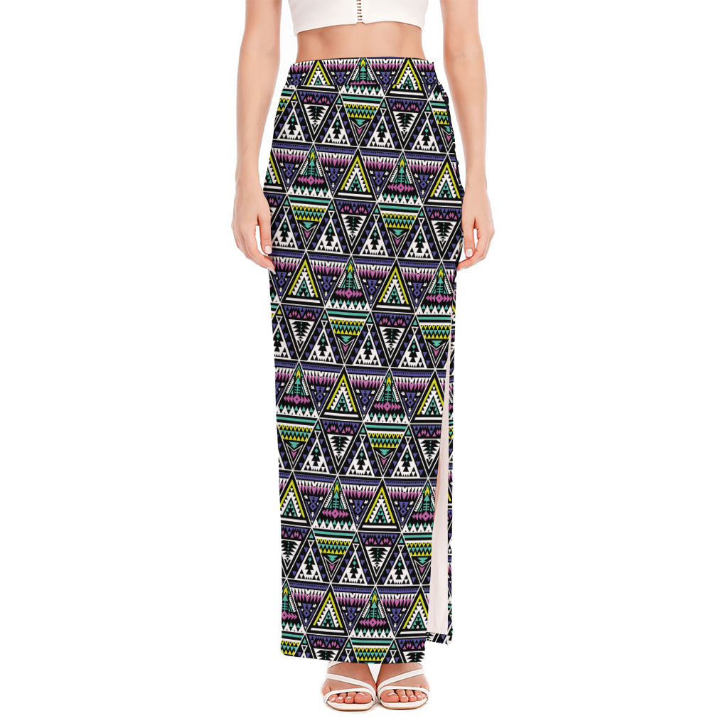 Colorful Geometric Native Navajo Print High Slit Maxi Skirt