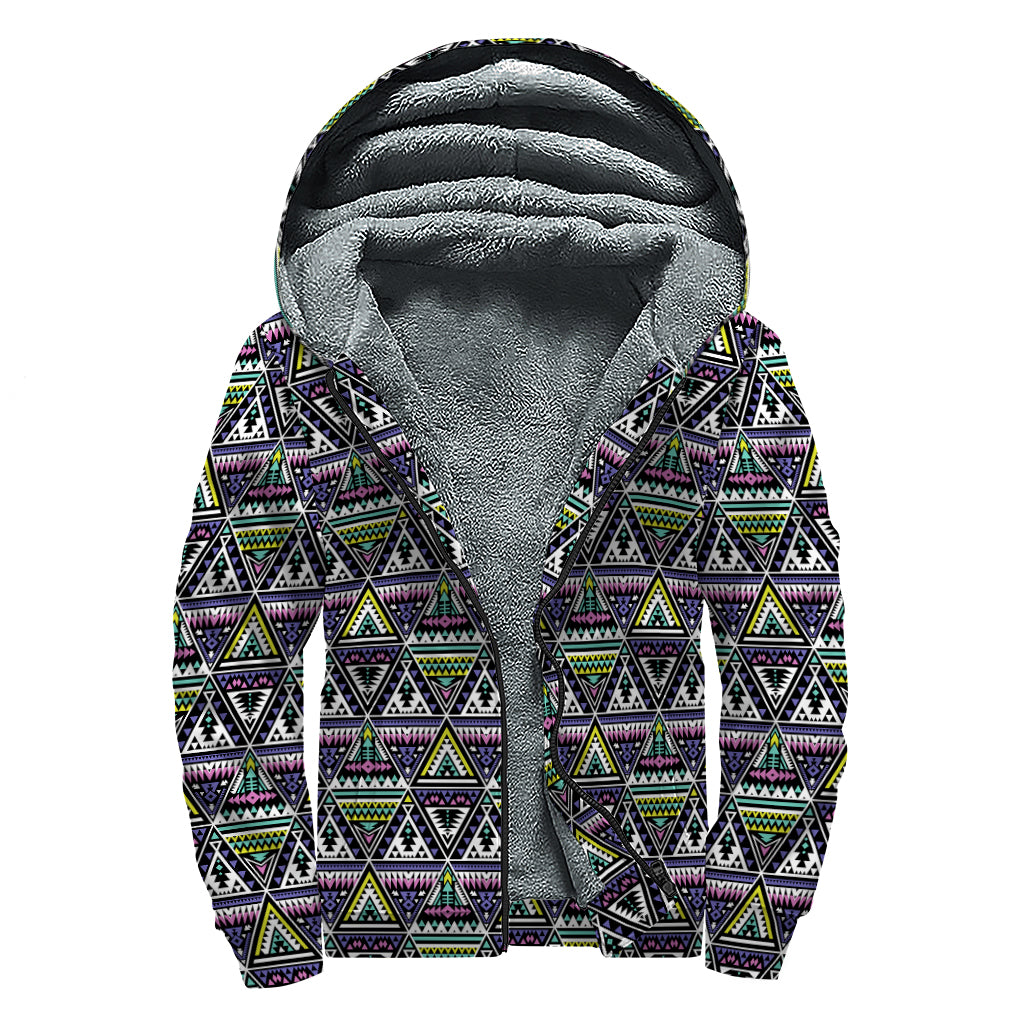 Colorful Geometric Native Navajo Print Sherpa Lined Zip Up Hoodie
