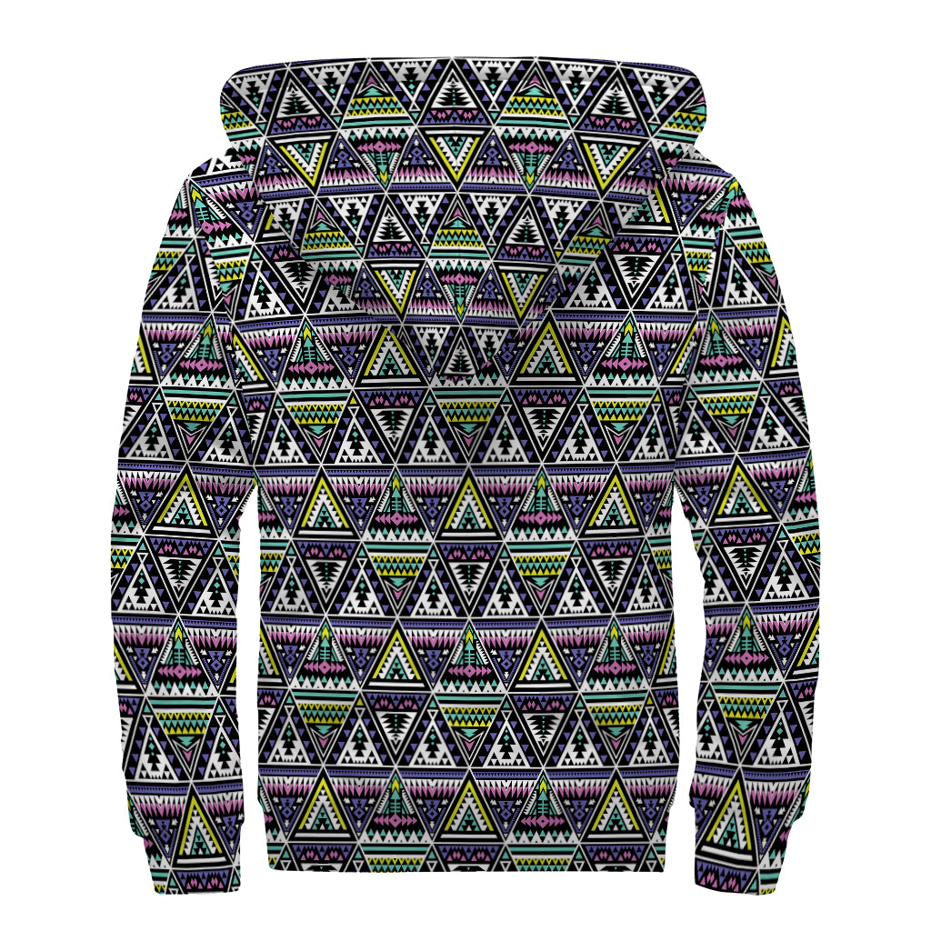 Colorful Geometric Native Navajo Print Sherpa Lined Zip Up Hoodie
