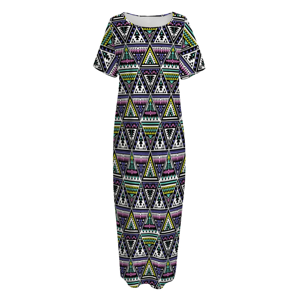 Colorful Geometric Native Navajo Print Short Sleeve Long Nightdress