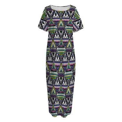 Colorful Geometric Native Navajo Print Short Sleeve Long Nightdress