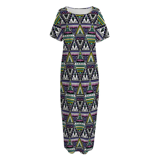 Colorful Geometric Native Navajo Print Short Sleeve Long Nightdress