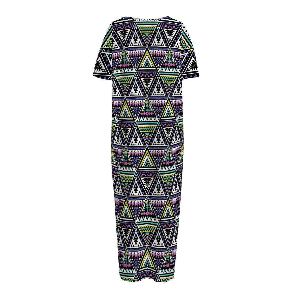 Colorful Geometric Native Navajo Print Short Sleeve Long Nightdress