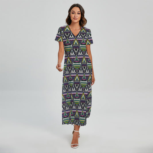 Colorful Geometric Native Navajo Print Short Sleeve Maxi Dress